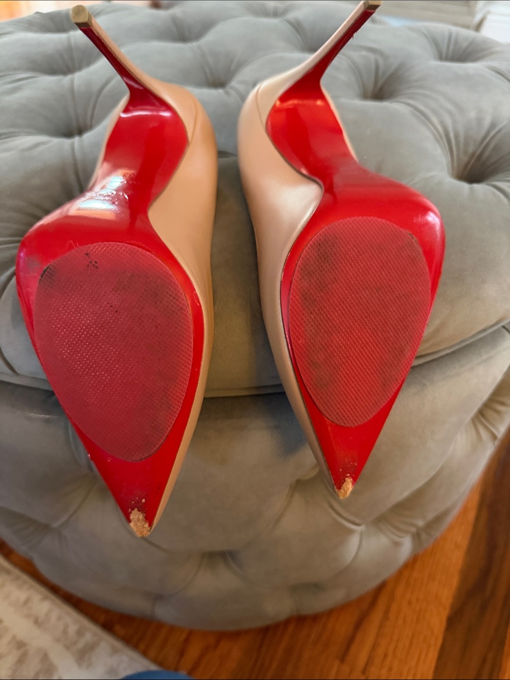 Christian Louboutin Nude Beige Leather Pointed Toe Pumps with Red Soles - Picture 9 of 10